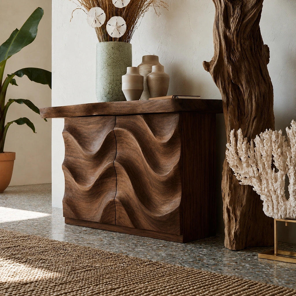 Wave Front Natural Solid Wood Sideboard Cabinet with Hidden Storage