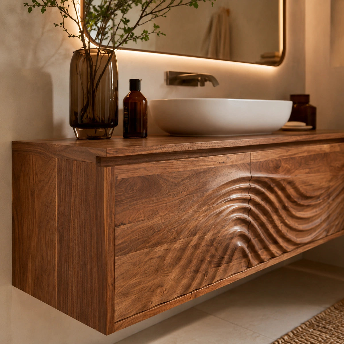 Natural Solid Wood Bathroom Cabinet – Wave Front Modern Style