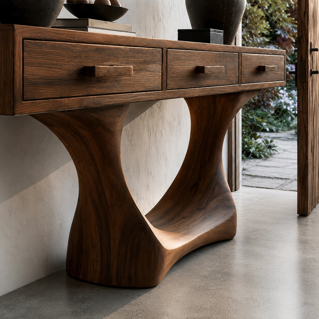 Natural Solid Wood Console Table with Three Drawers and Sculptural Pedestal Base