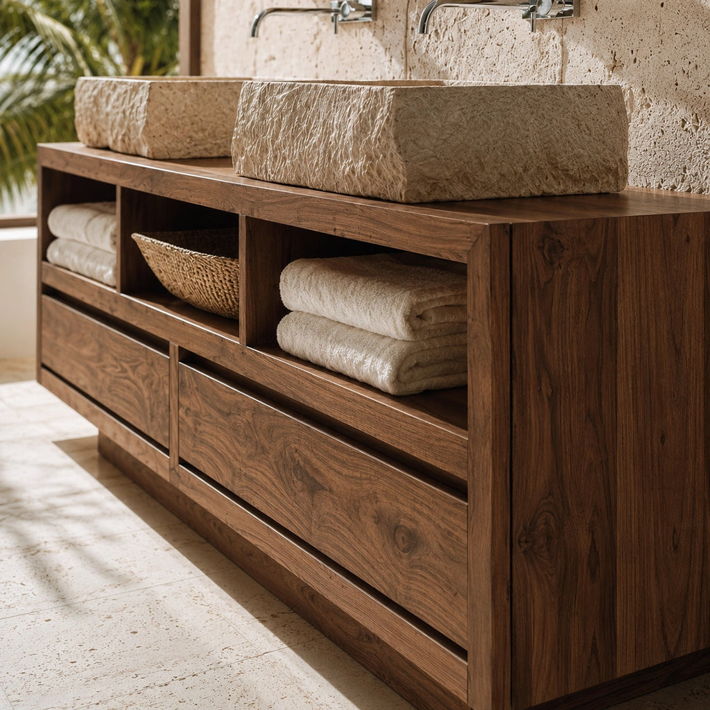 Natural Solid Wood Bathroom Vanity with 2 Drawers and 3 Open Shelves