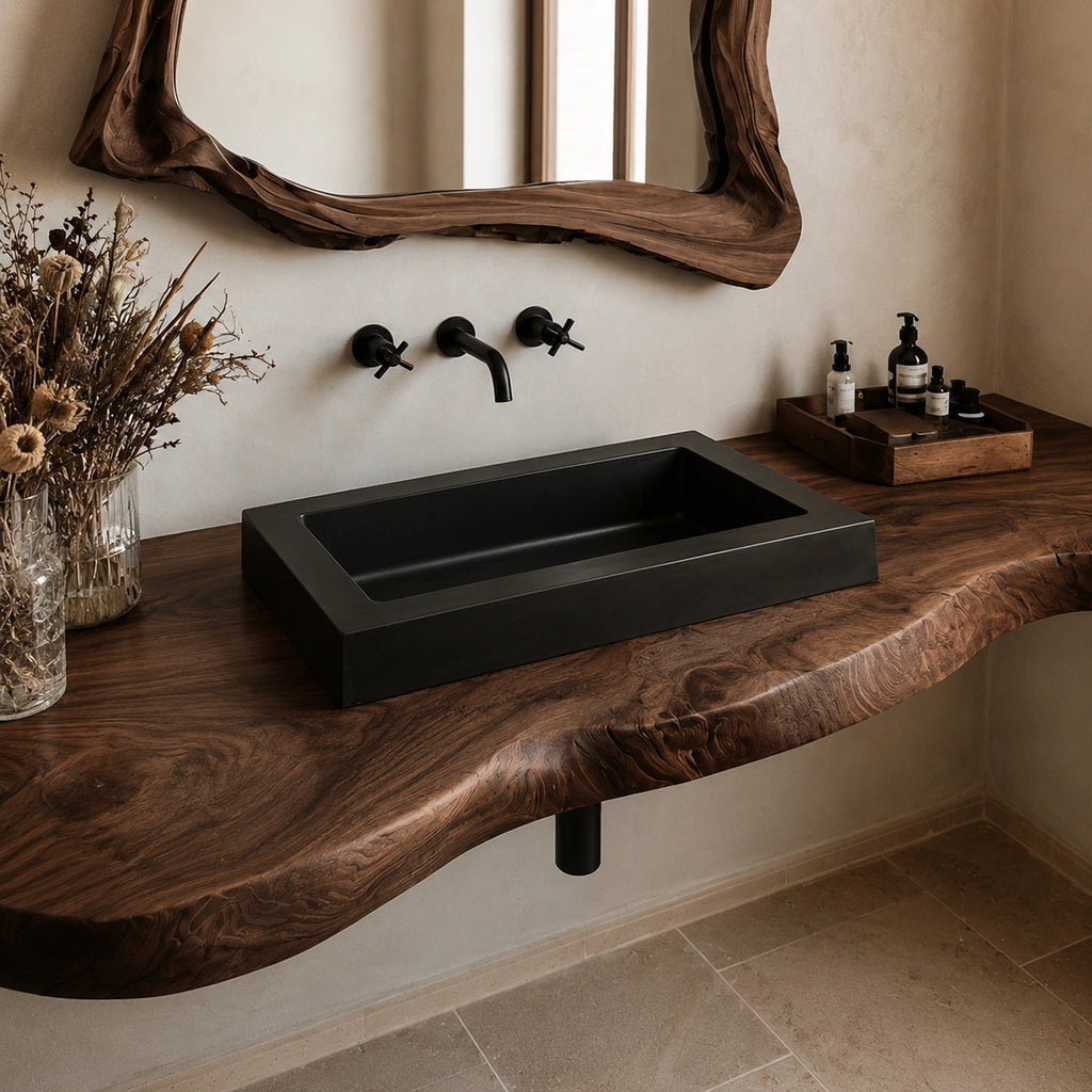 Natural Solid Wood Floating Bathroom Vanity with Hand Sculpted Live Edge