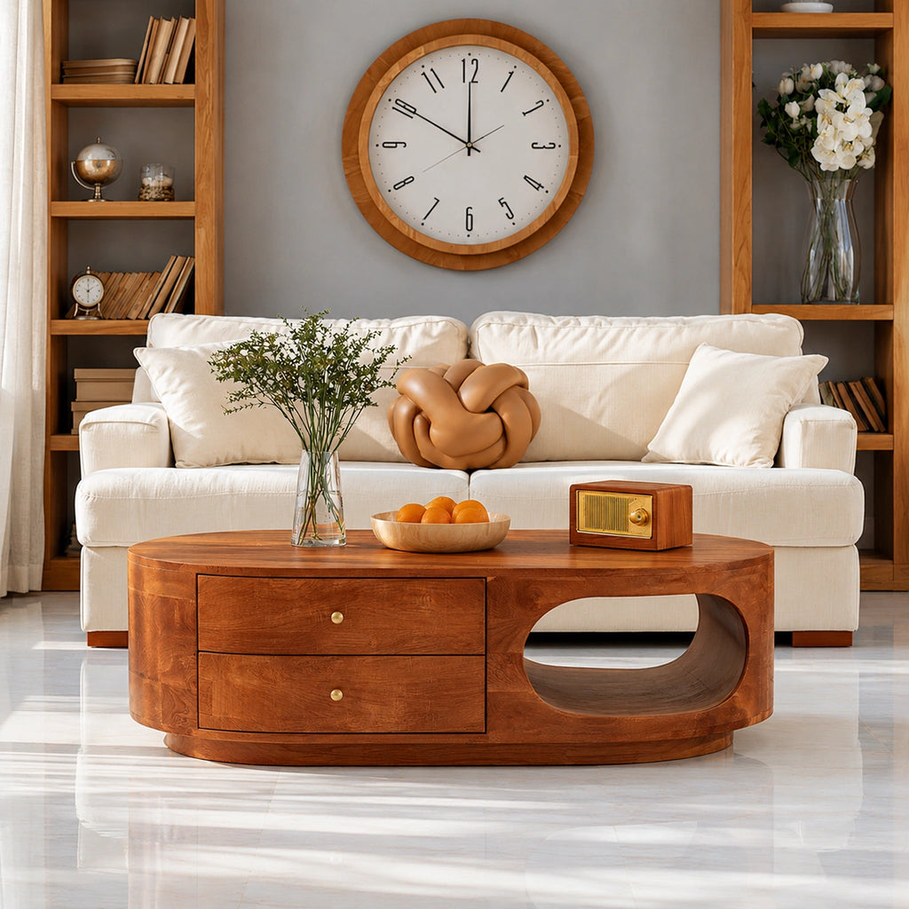 Natural Solid Wood Coffee Table with Drawers – Rounded Modern Style
