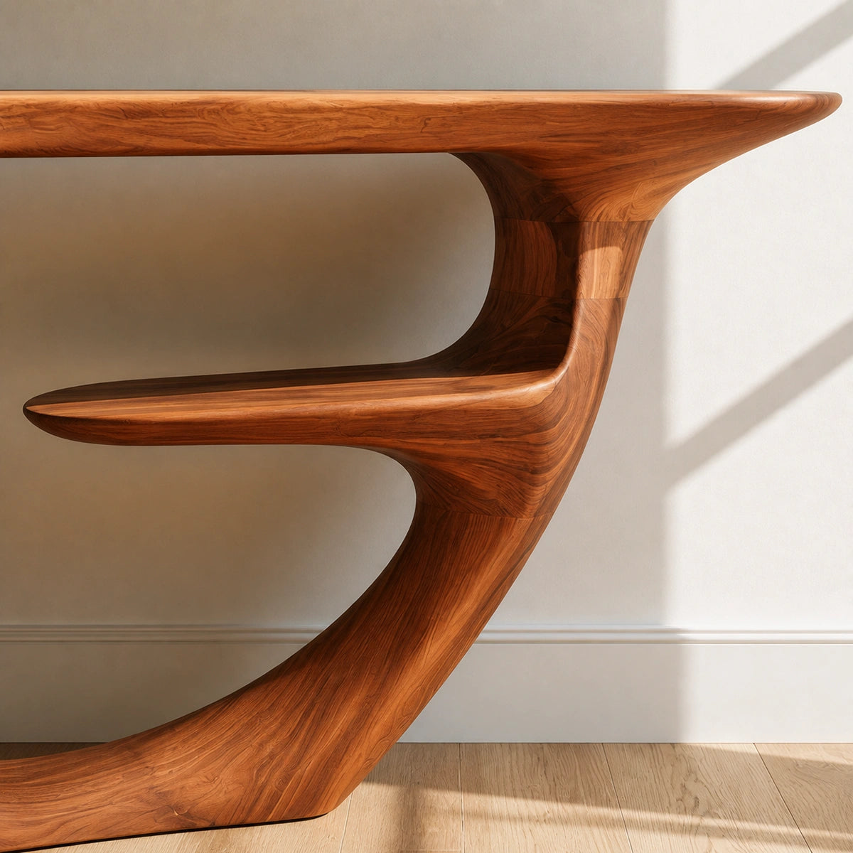 Sculptural Natural Solid Wood Console Table with Integrated Display Shelf