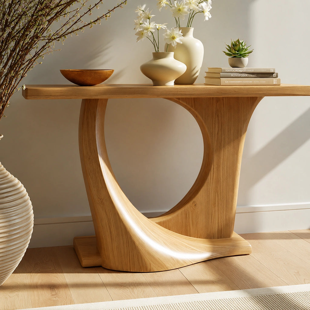 Natural Solid Wood Console Table with Sculptural Circle Base