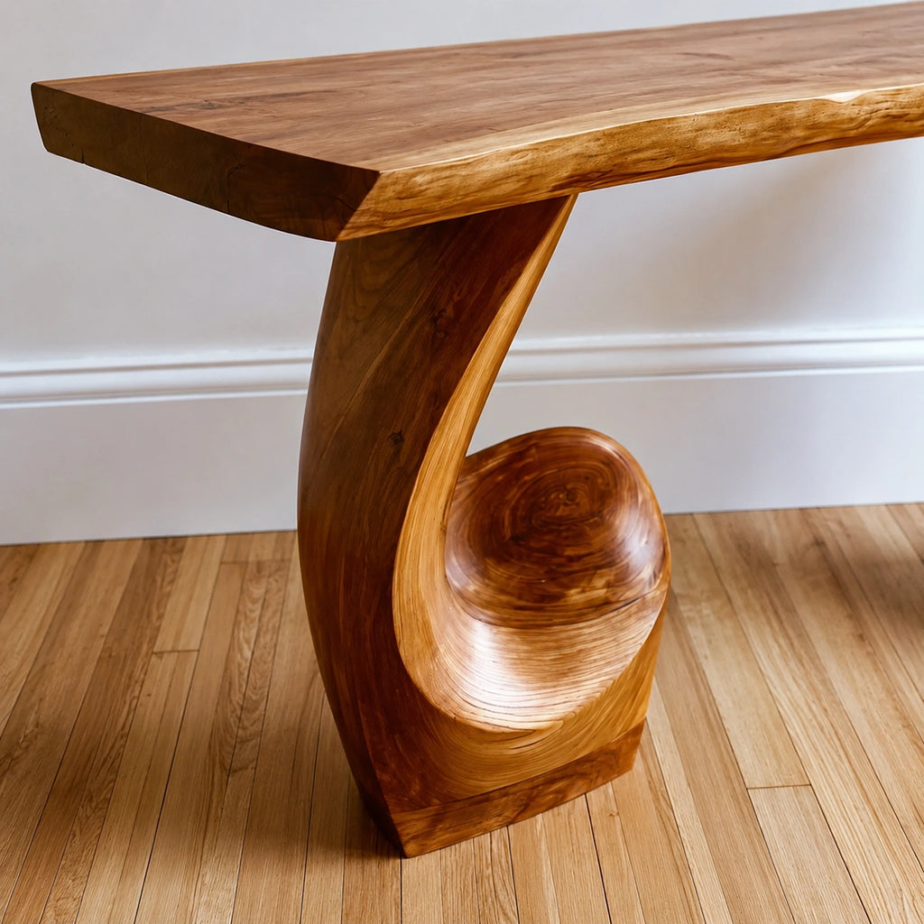Live Edge Natural Solid Wood Console Table with Sculptural Carved Pedestal Base