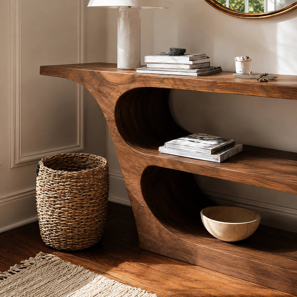 Natural Solid Wood Console Table with Sculptural Open Shelf Design