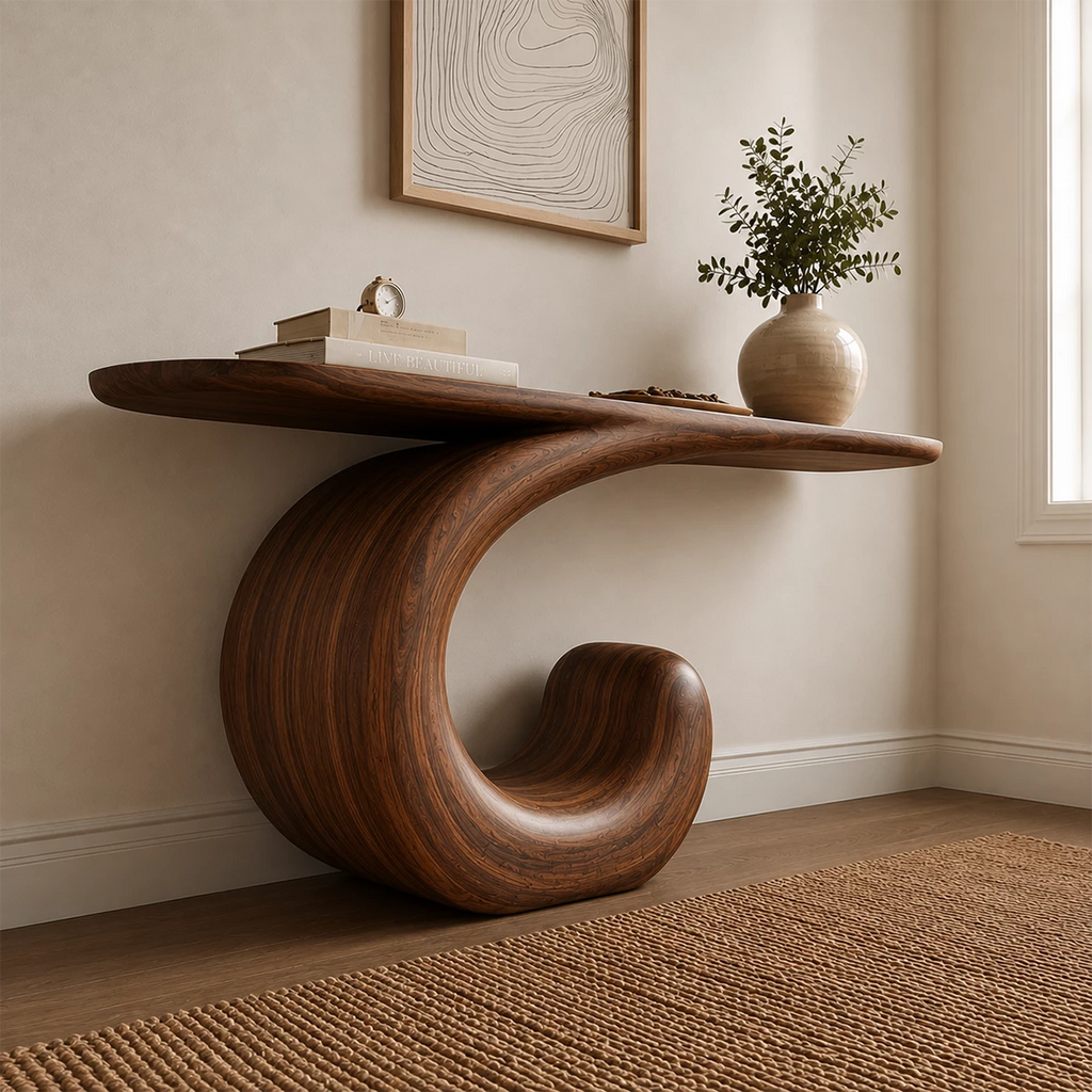 Sculptural Spiral Console Table in Natural Solid Wood