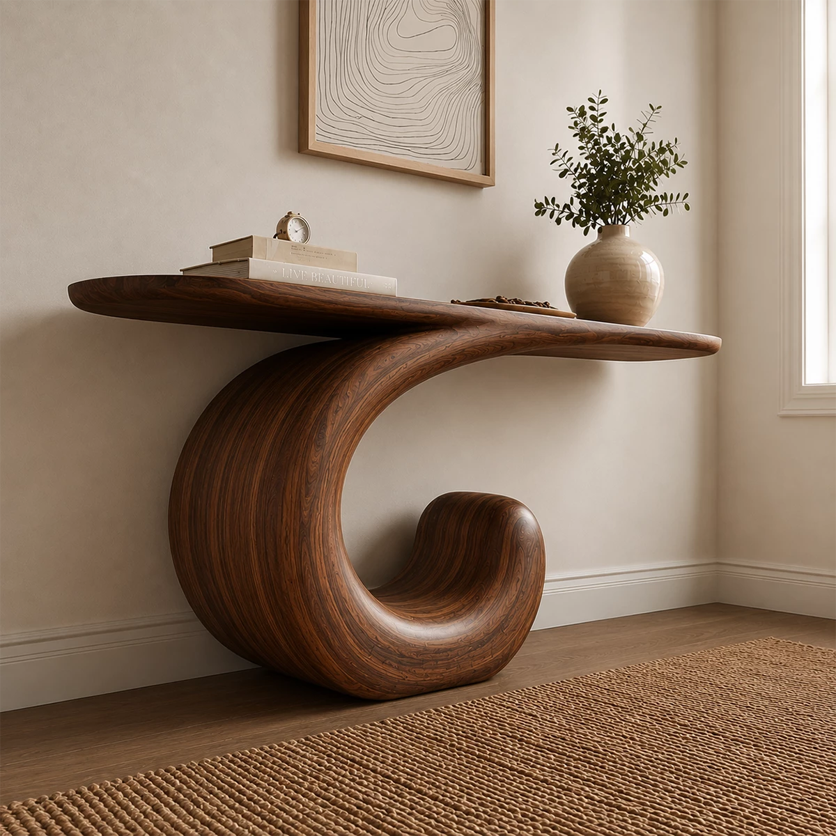 Sculptural Spiral Console Table in Natural Solid Wood