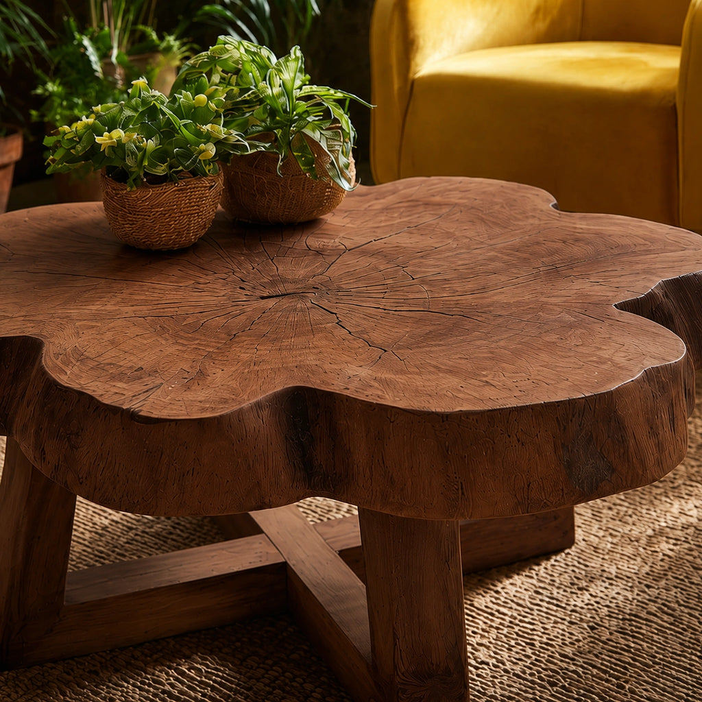Natural Solid Wood Coffee Table with Organic Live Edge Top and Cross Base