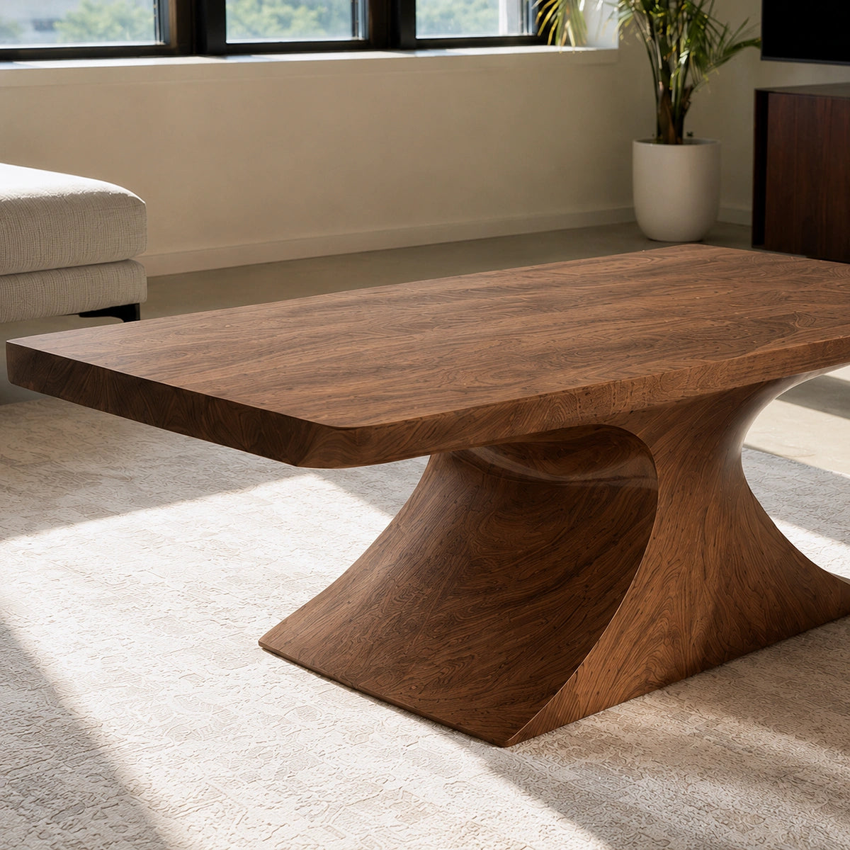 Natural Solid Wood Coffee Table – Sculptural Pedestal Modern Style