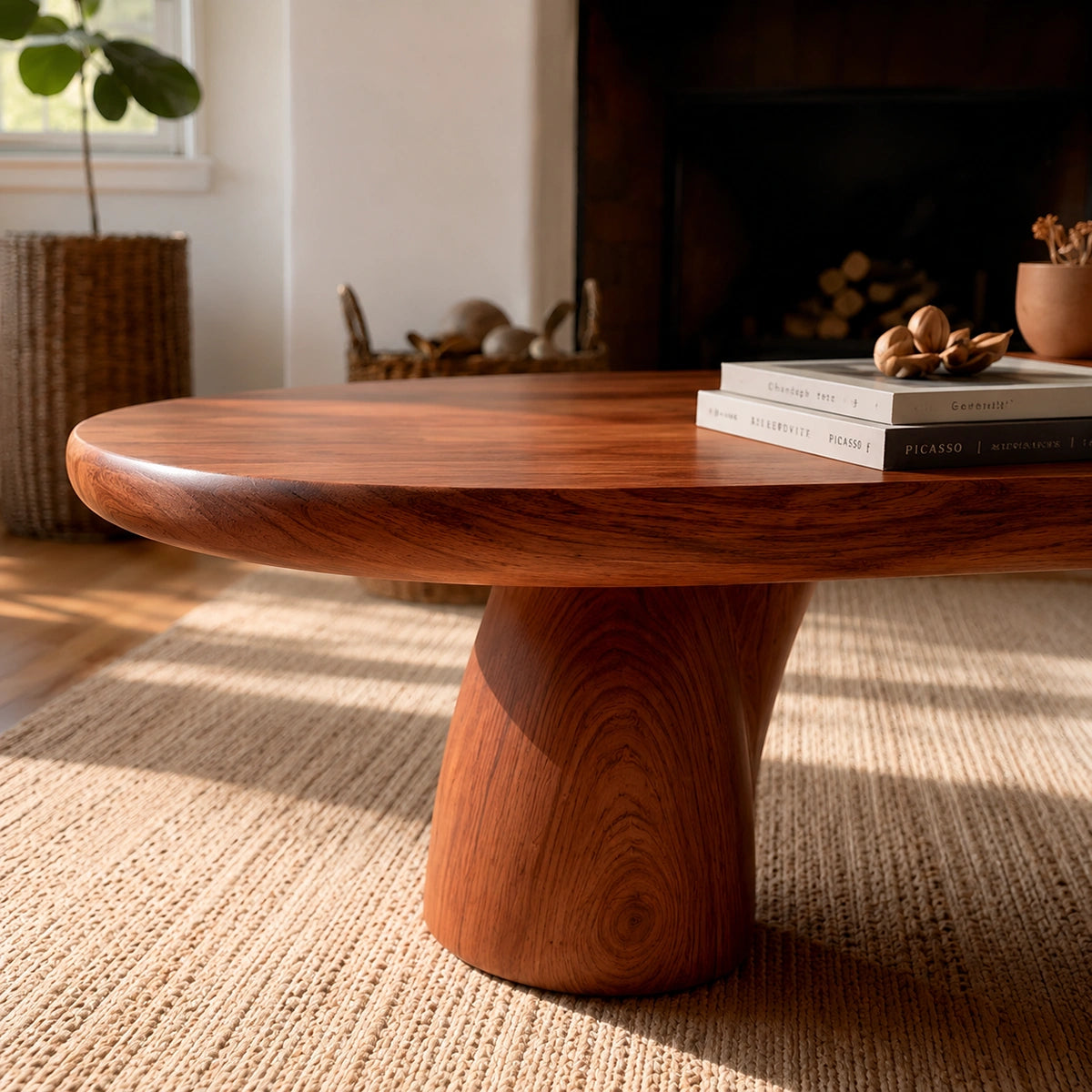 Natural Solid Wood Oval Coffee Table with Four Sculptural Legs