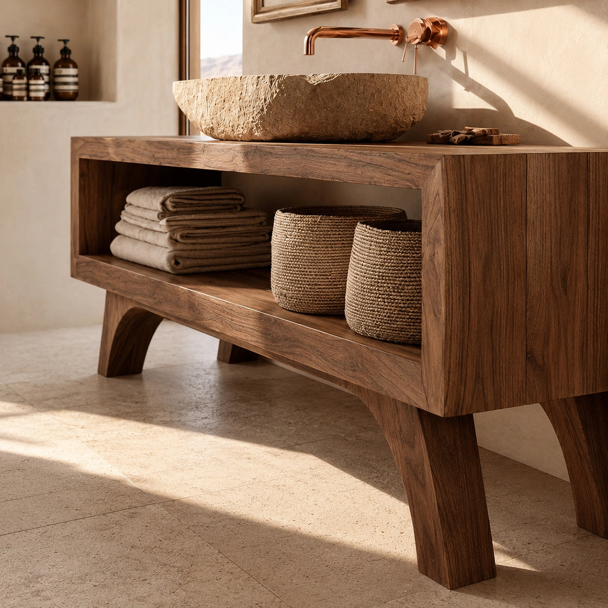 Natural Solid Wood Bathroom Vanity with Open Shelf – Rustic Wabi Sabi Style