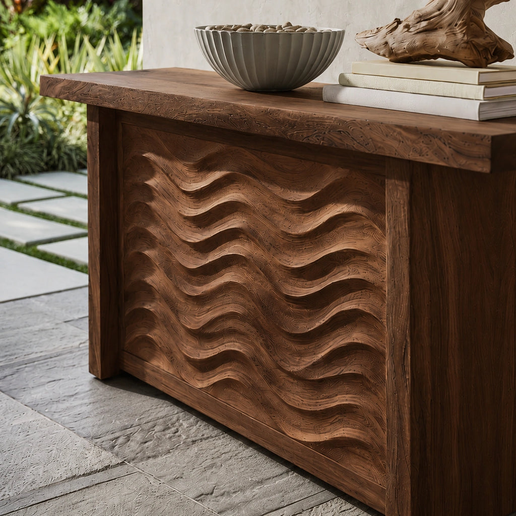 Wave Front Natural Solid Wood Sideboard Cabinet with Hidden Storage