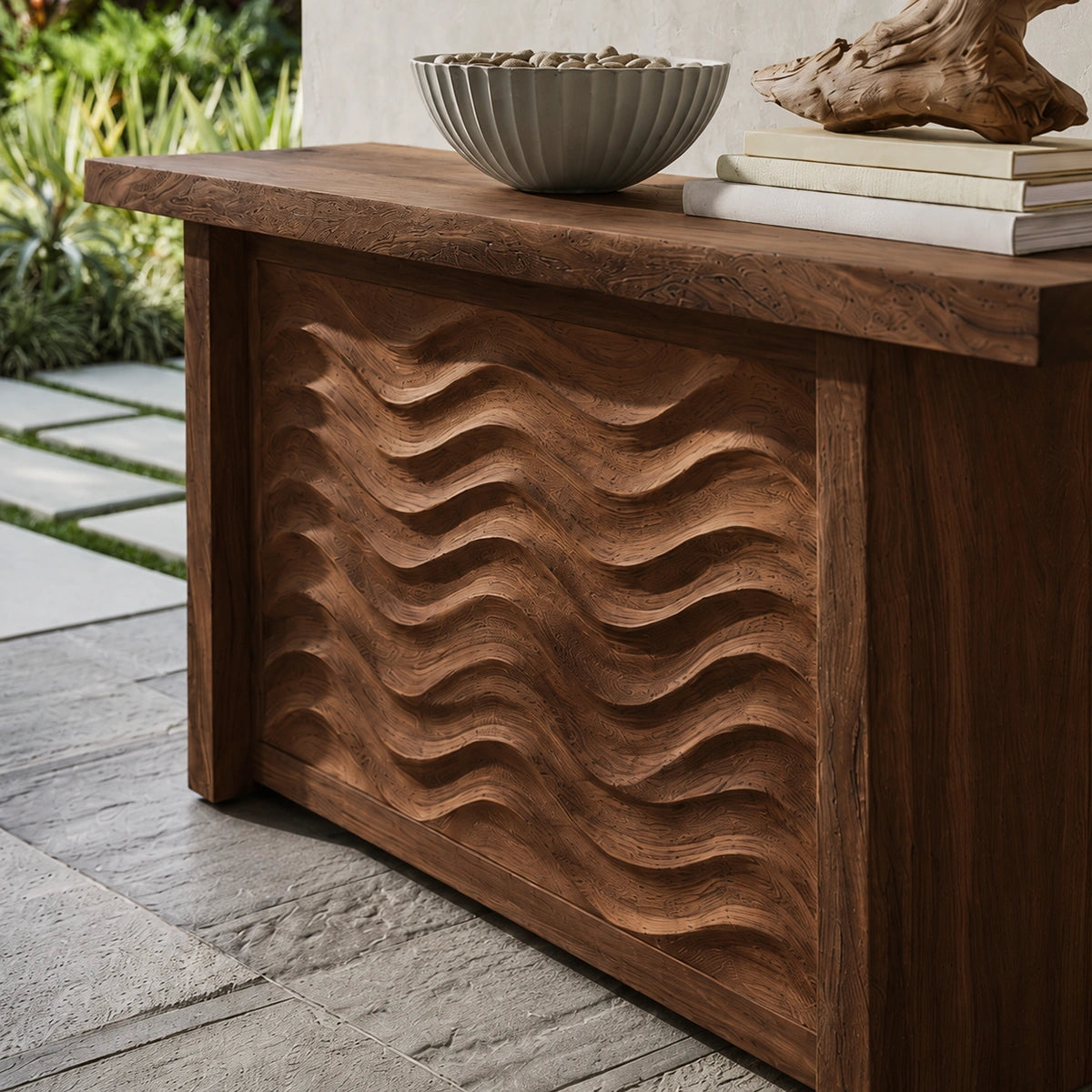 Wave Front Natural Solid Wood Sideboard Cabinet with Hidden Storage