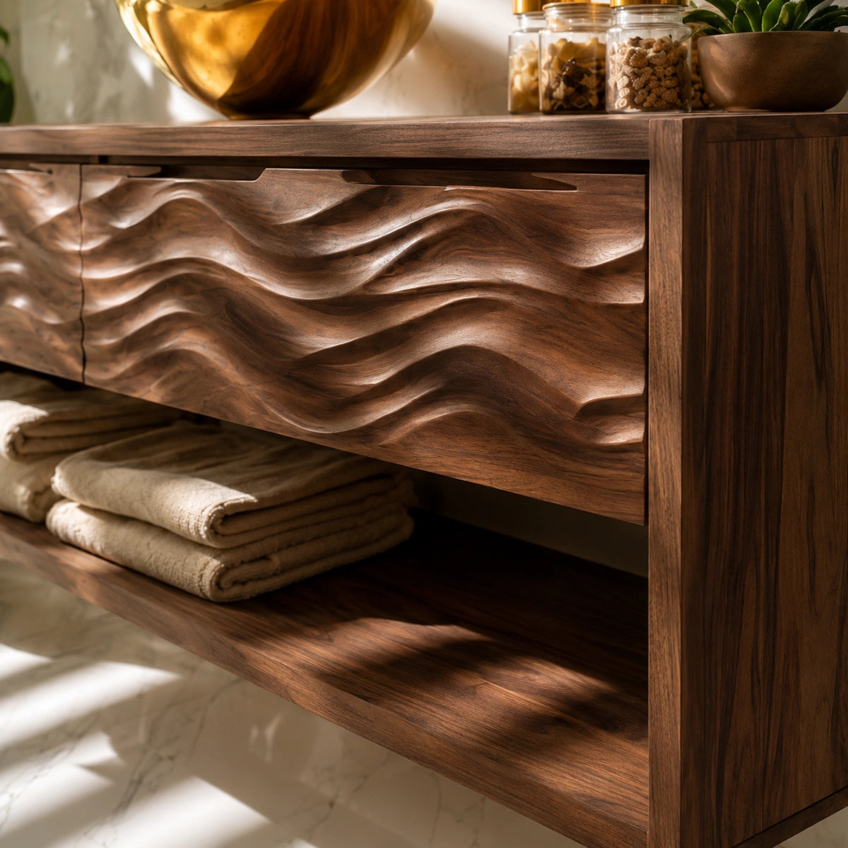 Natural Solid Wood Floating Bathroom Vanity with 2 Drawers and Open Shelf