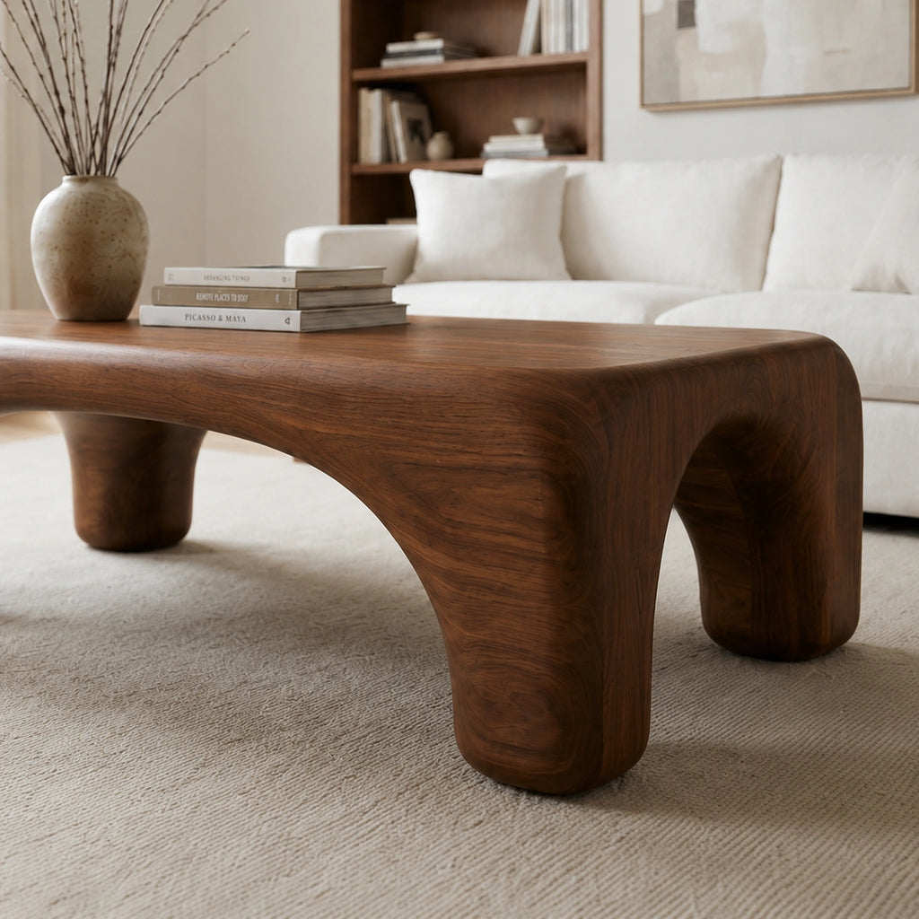 Natural Solid Wood Coffee Table with Rounded Top and Sculptural Arch Legs