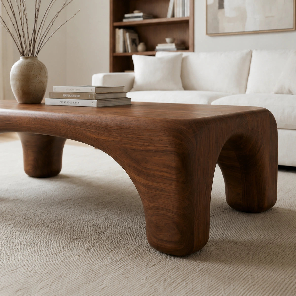 Natural Solid Wood Coffee Table with Rounded Top and Sculptural Arch Legs