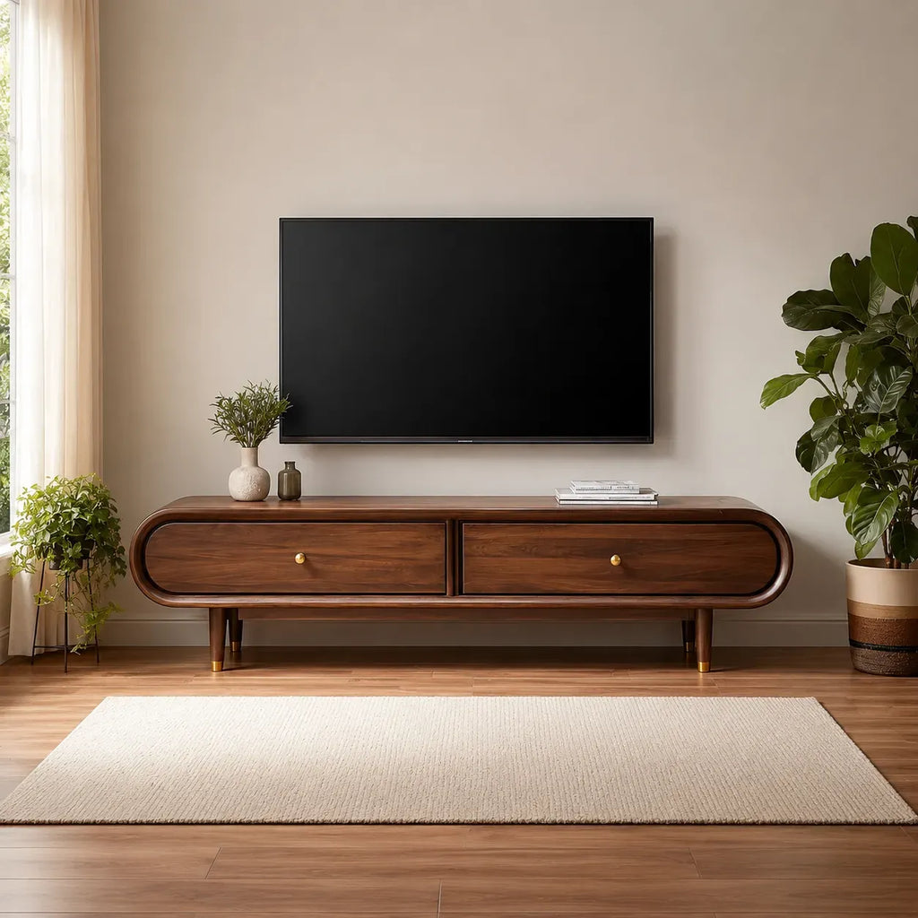Curved Edge TV Stand with Dual Drawer Storage and Rounded Profile