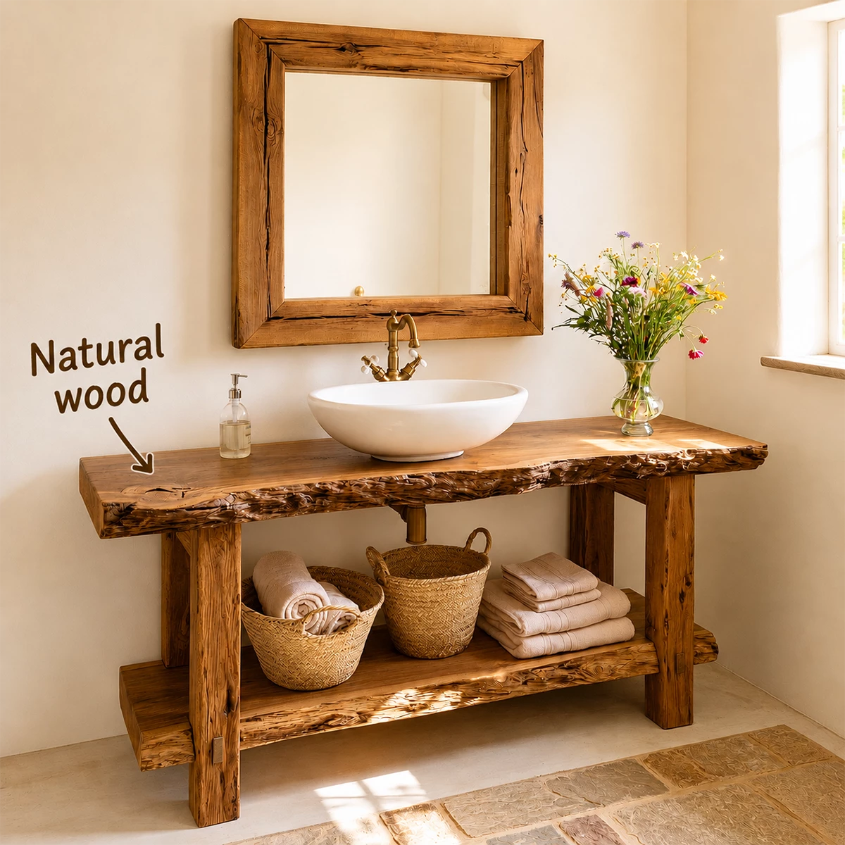 Rustic Live Edge Bathroom Vanity With Vessel Sink & Open Storage Shelf