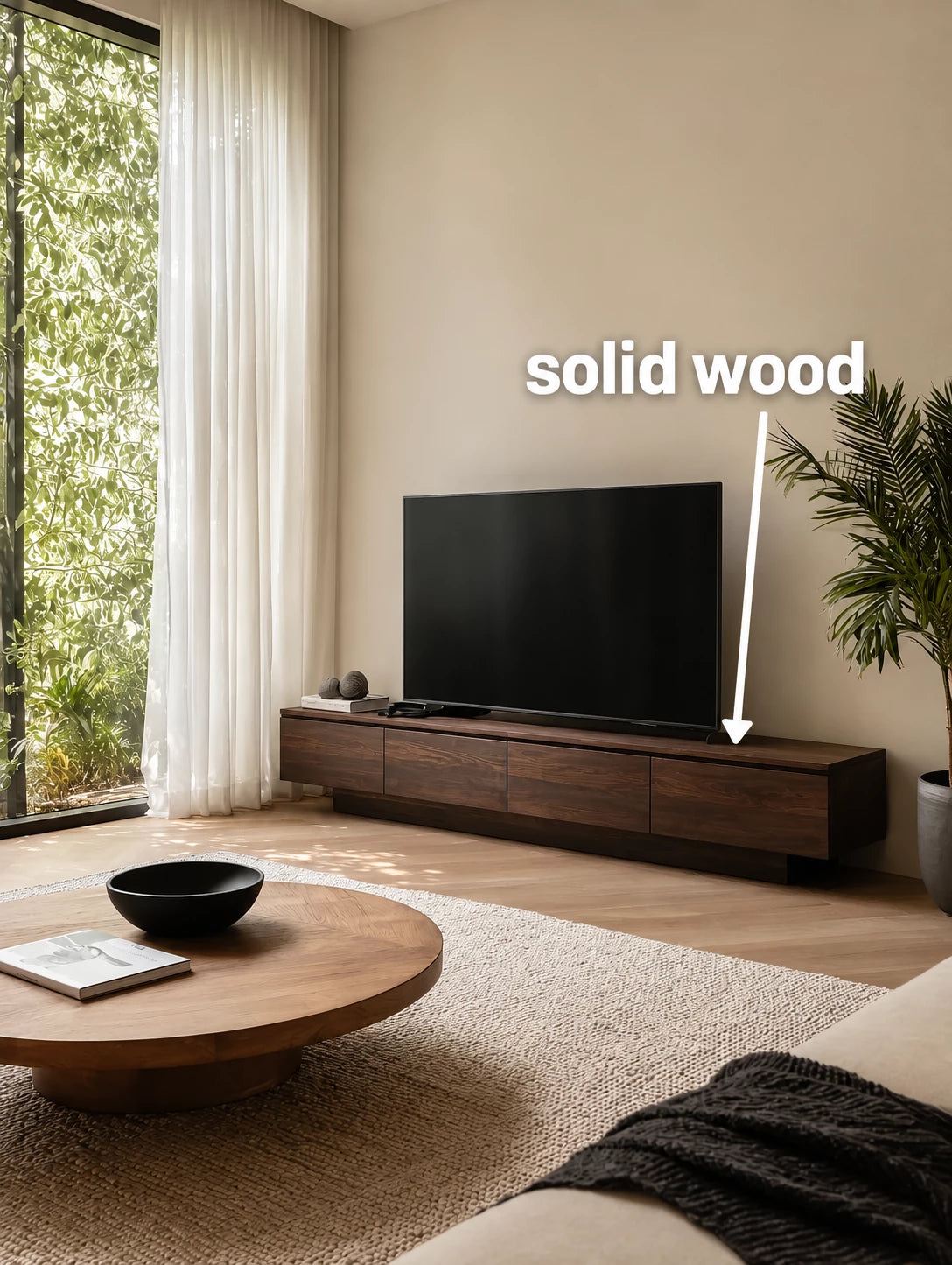 Floating Look Natural Solid Wood TV Stand with Four Door Storage Design