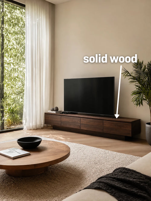 Floating Look Natural Solid Wood TV Stand with Four Door Storage Design