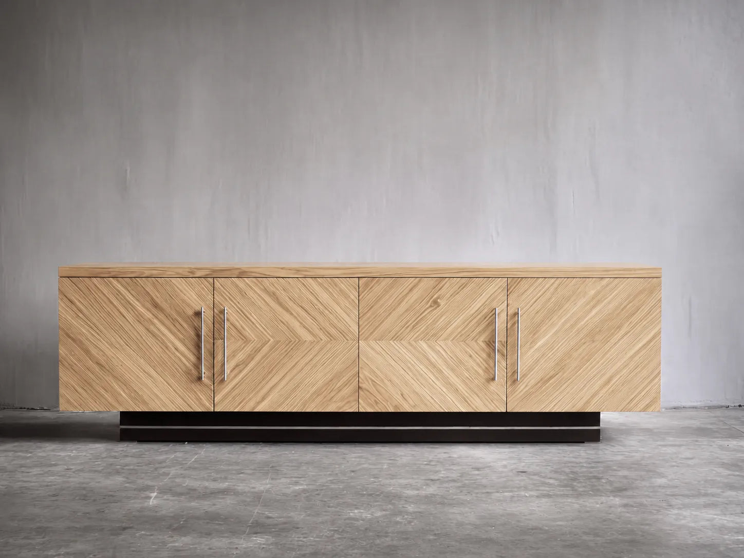 Geometric Natural Solid Wood TV Stand with Chevron Door Design