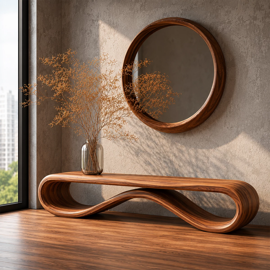 Sculptural Wave Wood Bench – Organic Natural Wood Entryway Bench for Modern Interior