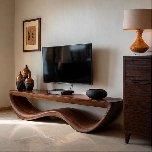 Organic Wave Natural Solid Wood TV Stand with Sculptural Open Design