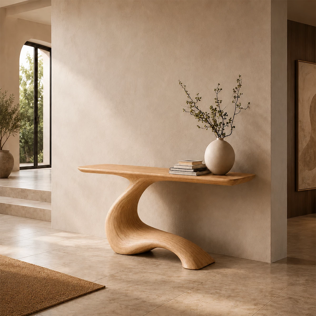 Sculptural Console Table with Flowing Pedestal Base in Natural Solid Wood