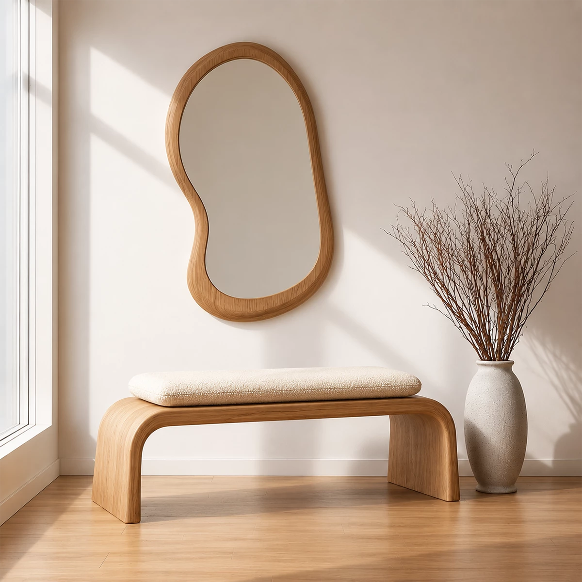 Upholstered Curved Wood Bench – Modern Entryway Bench with Natural Wood Frame