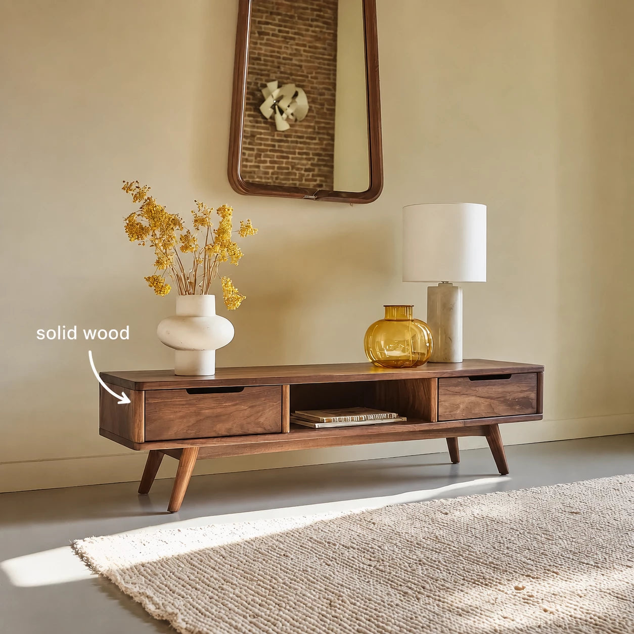 Mid Century Natural Solid Wood TV Stand with Open Shelf Storage