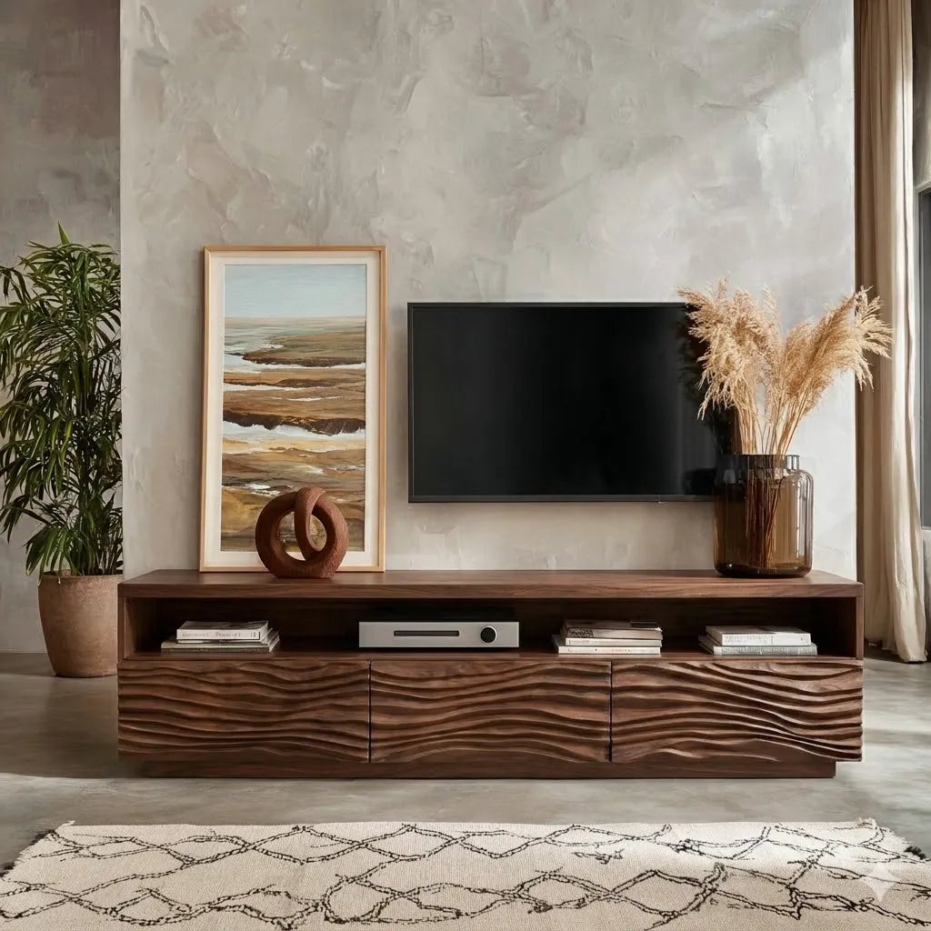 Modern Natural Solid Wood TV Stand with Wave Front Cabinet Design