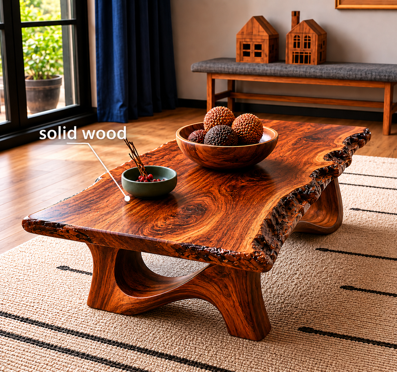 Live Edge Natural Solid Wood Coffee Table with Sculptural Base