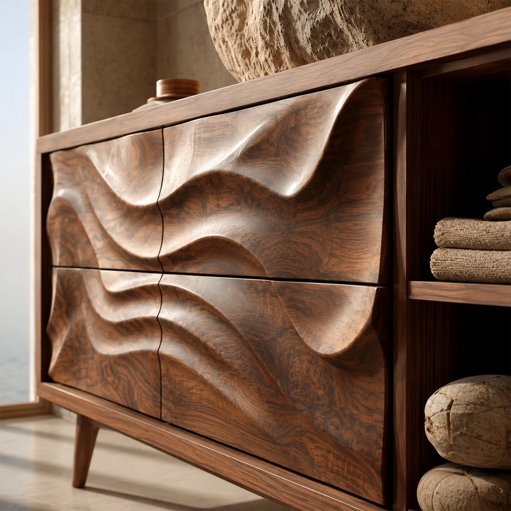 Natural Solid Wood Bathroom Vanity with Four Carved Drawers and Open Shelves