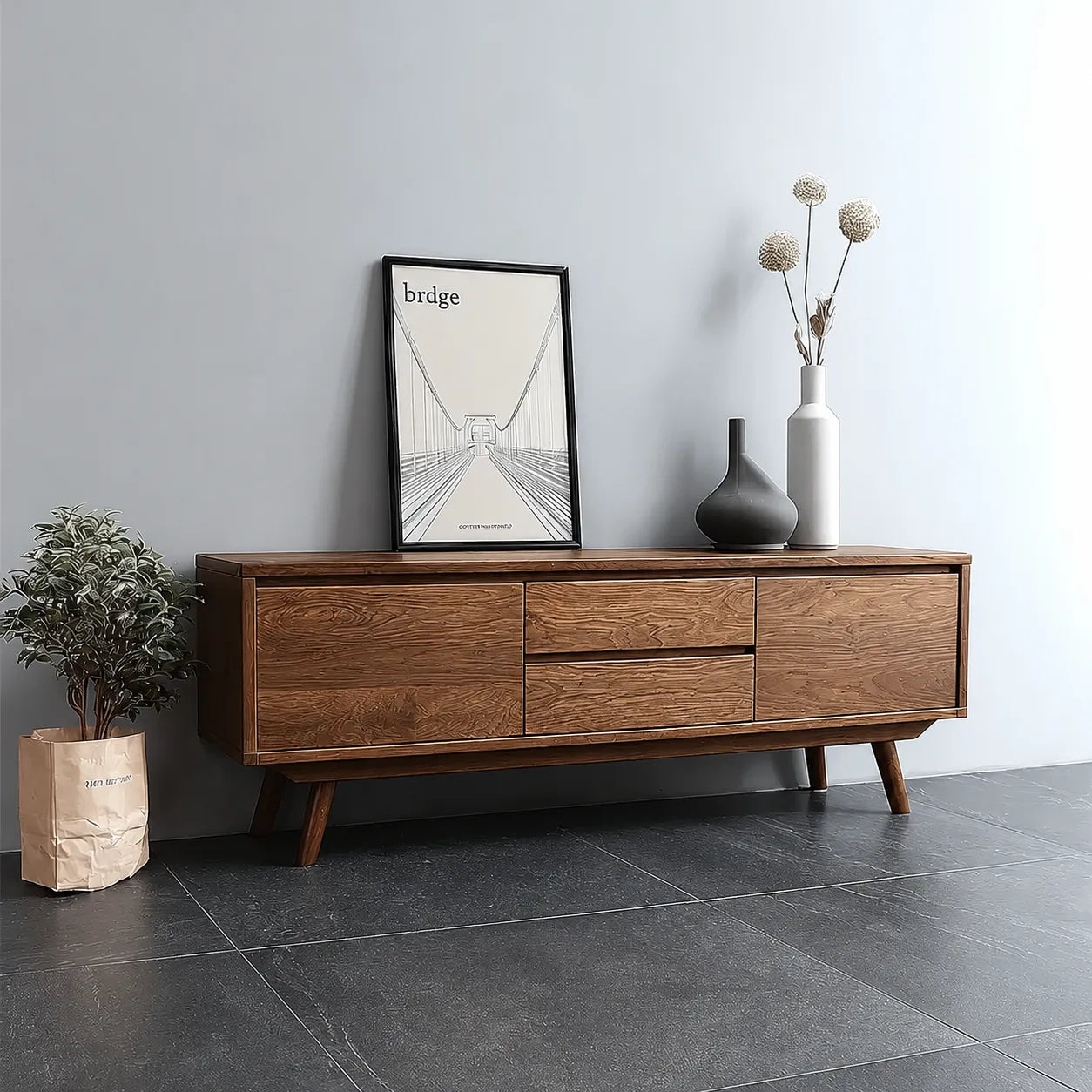 Mid Century Natural Solid Wood TV Stand with Drawer and Cabinet Storage