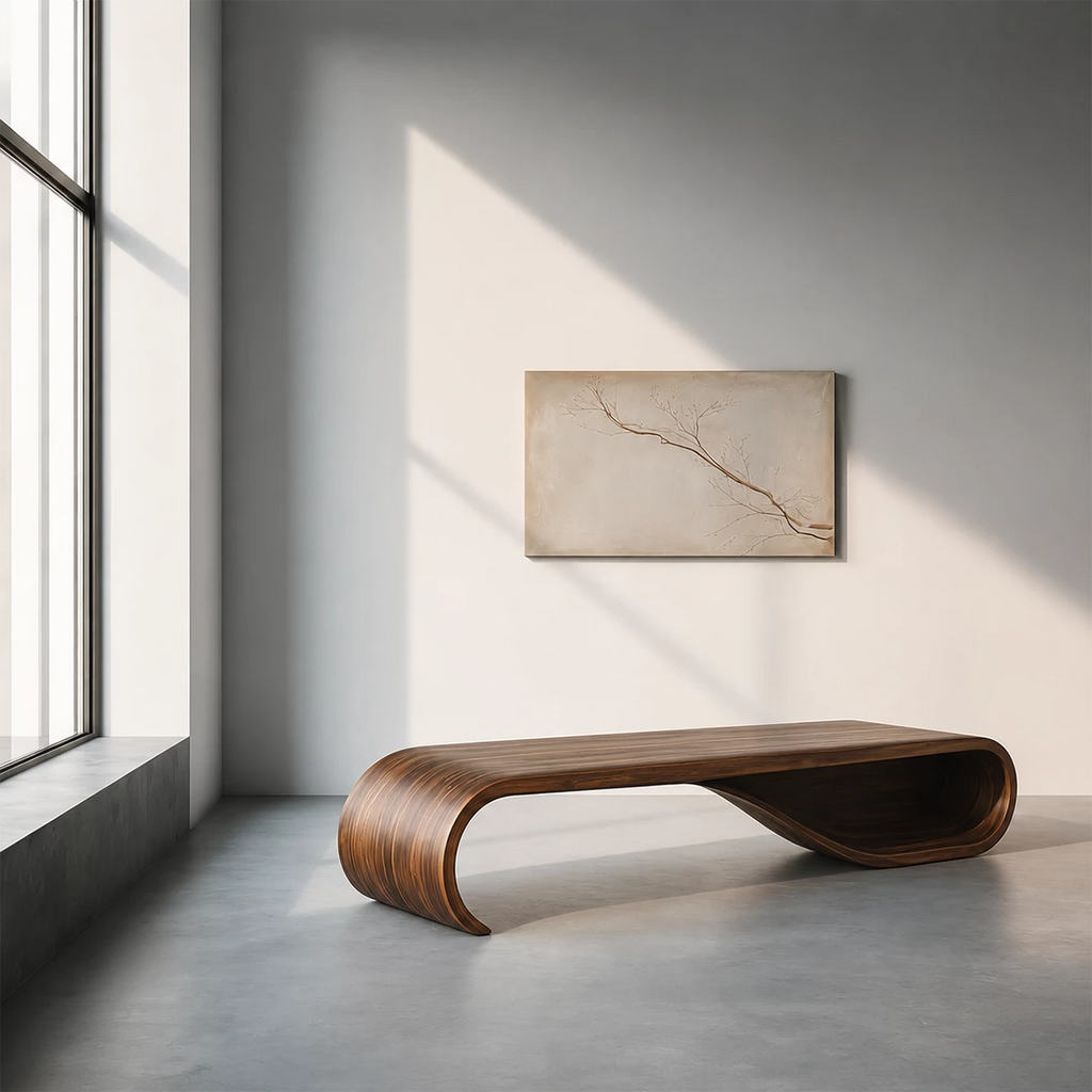 Curved Wood Bench – Natural Oak Bench for Modern Entryway and Minimal Interior