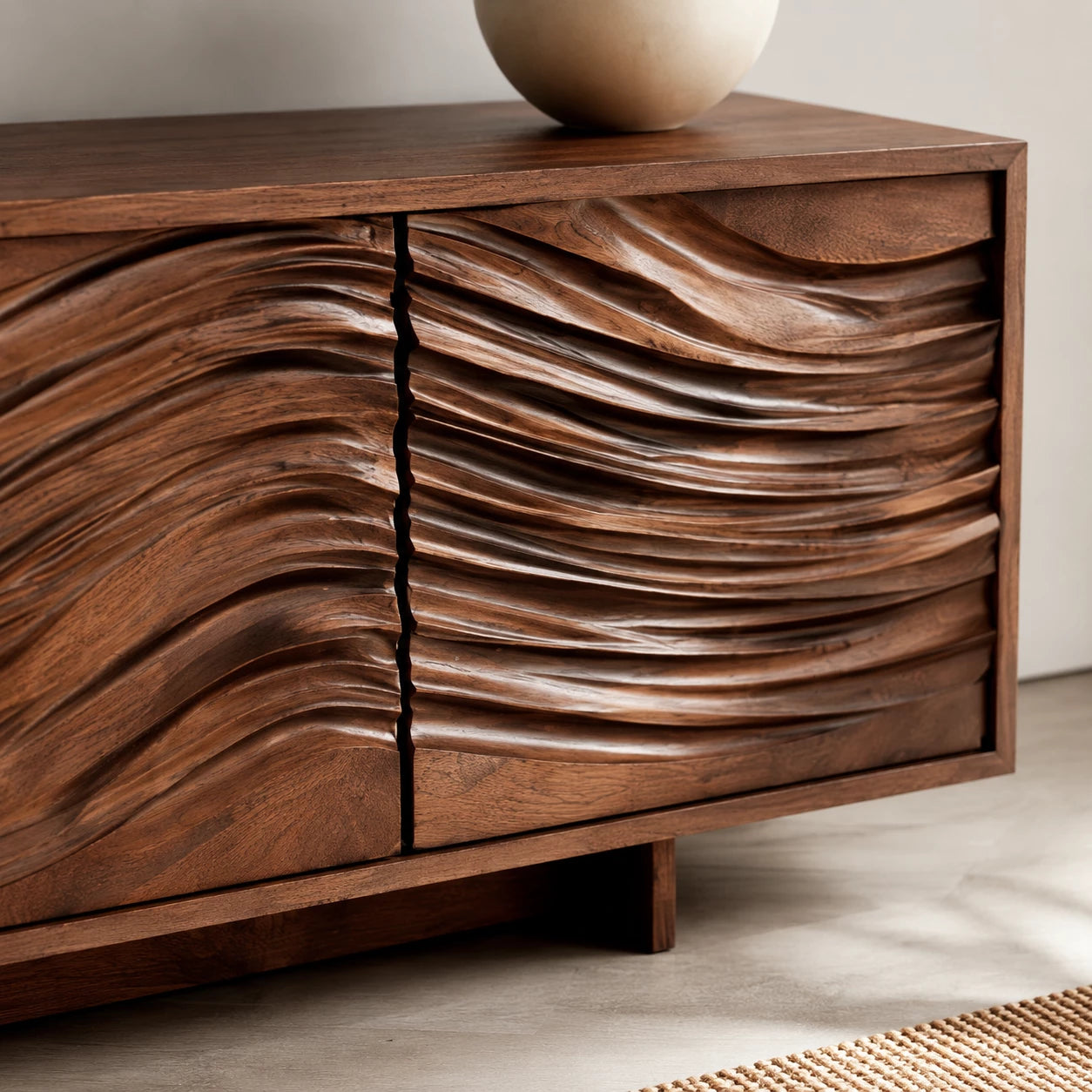 Artisan Wave Natural Solid Wood TV Stand with Sculpted Storage Doors