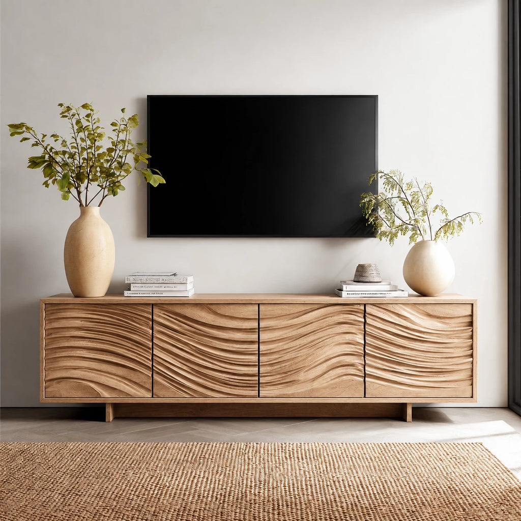 Artisan Wave Natural Solid Wood TV Stand with Sculpted Storage Doors
