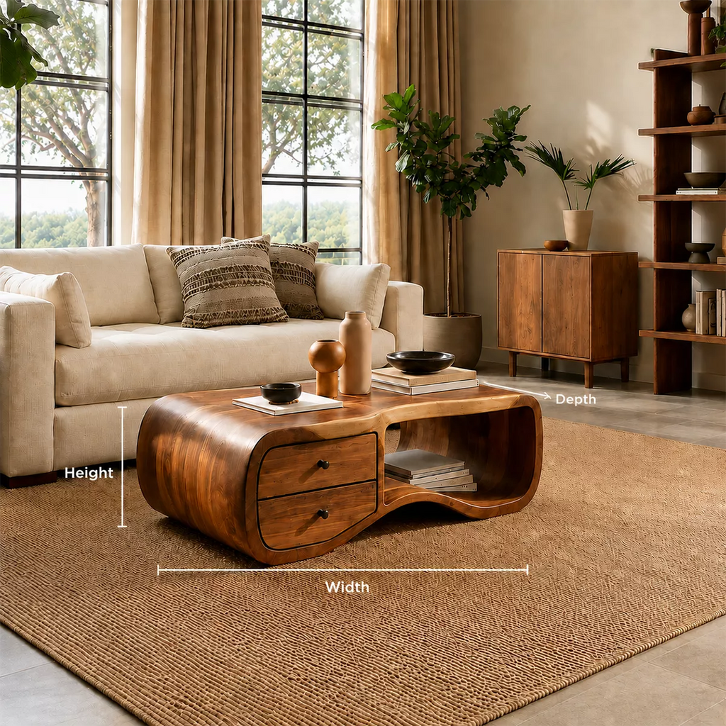 Curved Solid Wood Coffee Table With Double Storage Drawers Open Shelf And Rounded Waterfall Sides For Modern Living Room