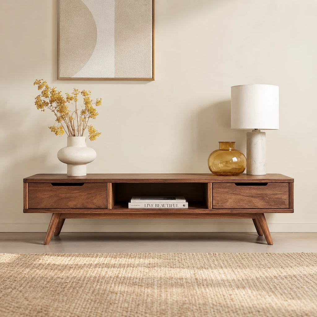 Mid Century Natural Solid Wood TV Stand with Open Shelf Storage