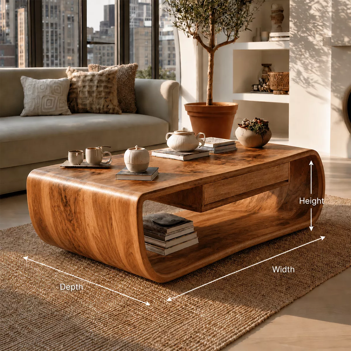 Sculptural Solid Wood Coffee Table With Curved Waterfall Frame Storage Drawer And Open Shelf For Modern Living Room