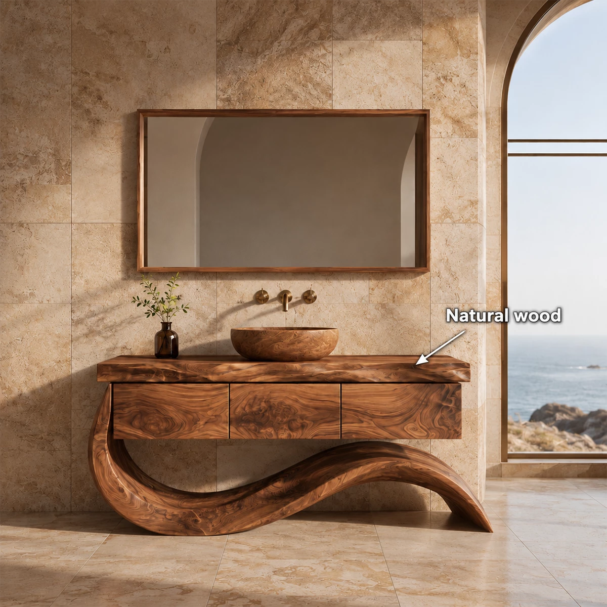 Organic Solid Wood Bathroom Vanity With Wave Sculptural Base