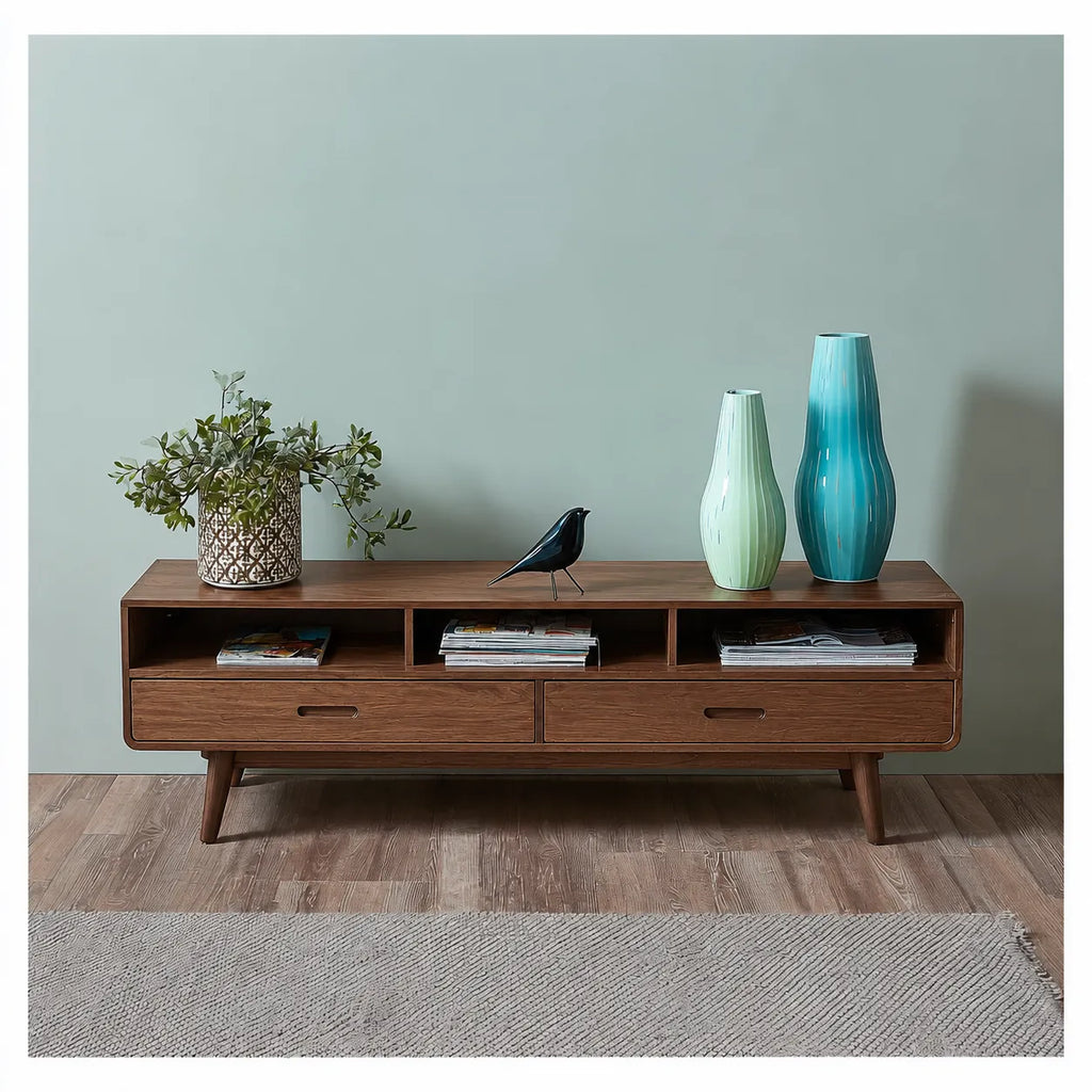 Mid Century Natural Solid Wood TV Stand with Open Shelf Storage