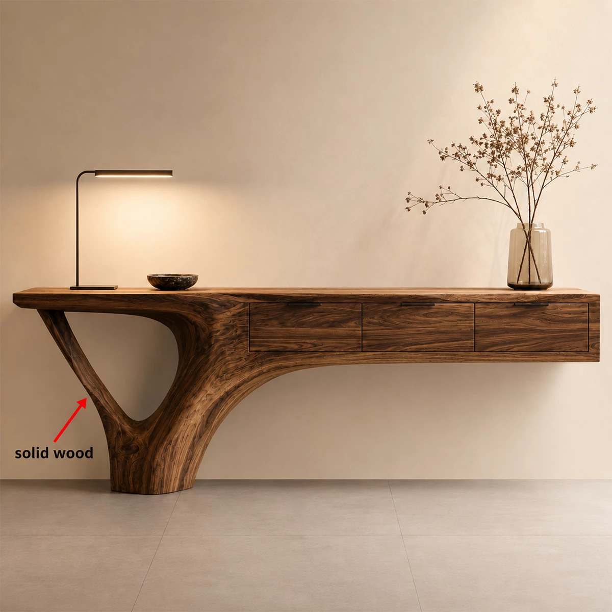 Natural Solid Wood Console Table with Three Drawers Sculptural Cantilever Style