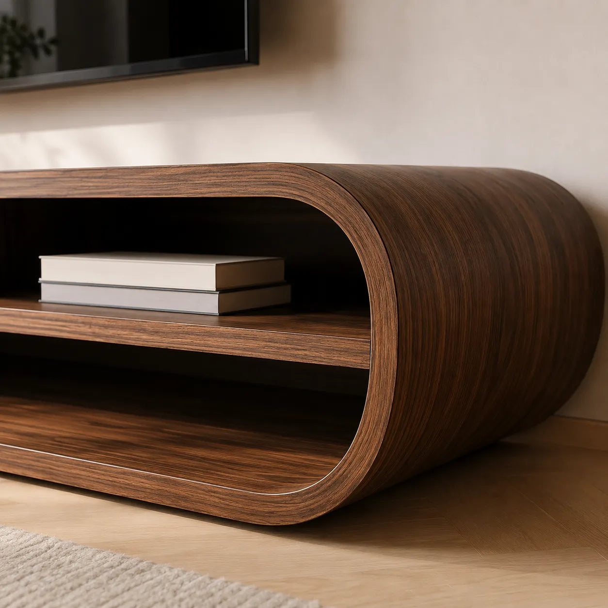 Capsule Natural Solid Wood TV Stand with Long Open Media Shelves