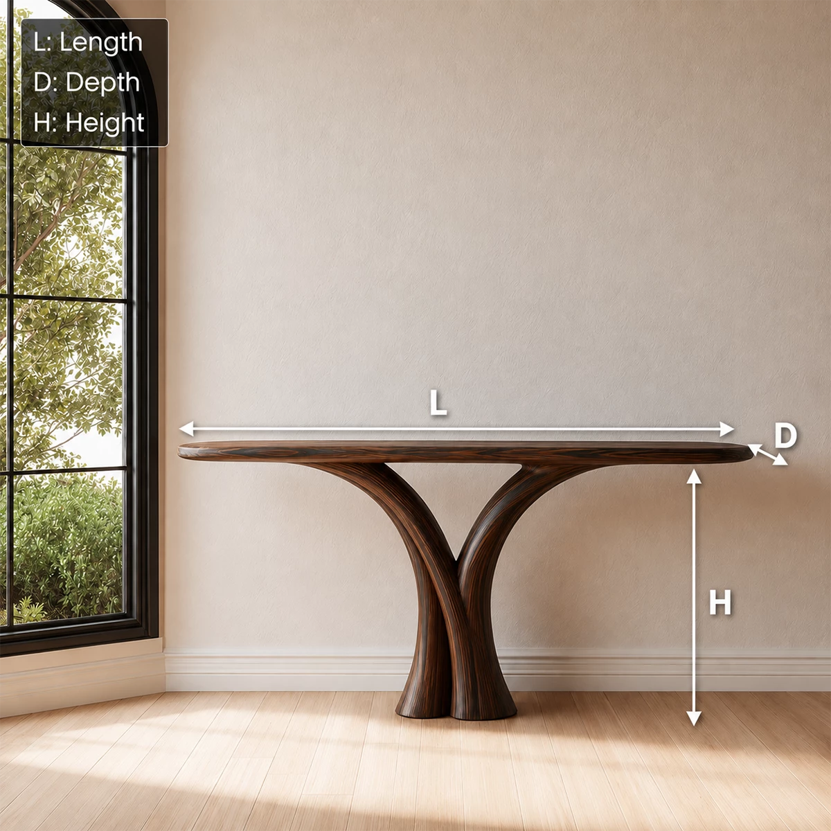 Sculptural Twin Arch Console Table in Natural Solid Wood
