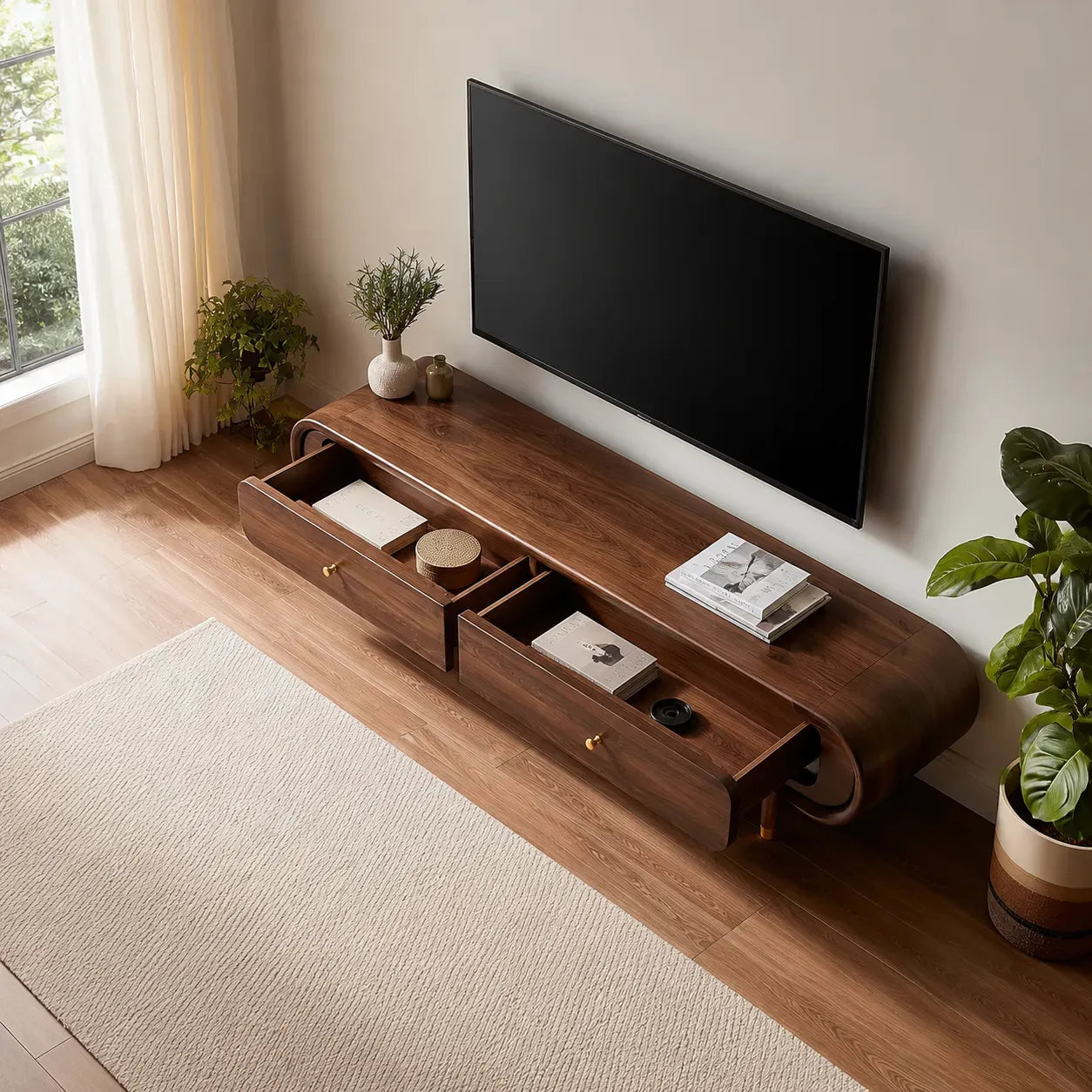 Curved Edge TV Stand with Dual Drawer Storage and Rounded Profile