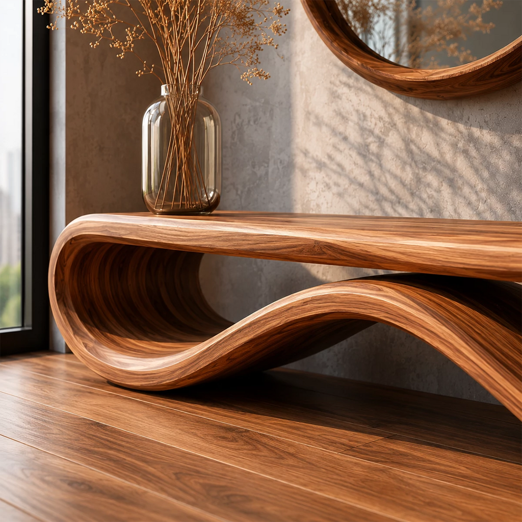 Sculptural Wave Wood Bench – Organic Natural Wood Entryway Bench for Modern Interior