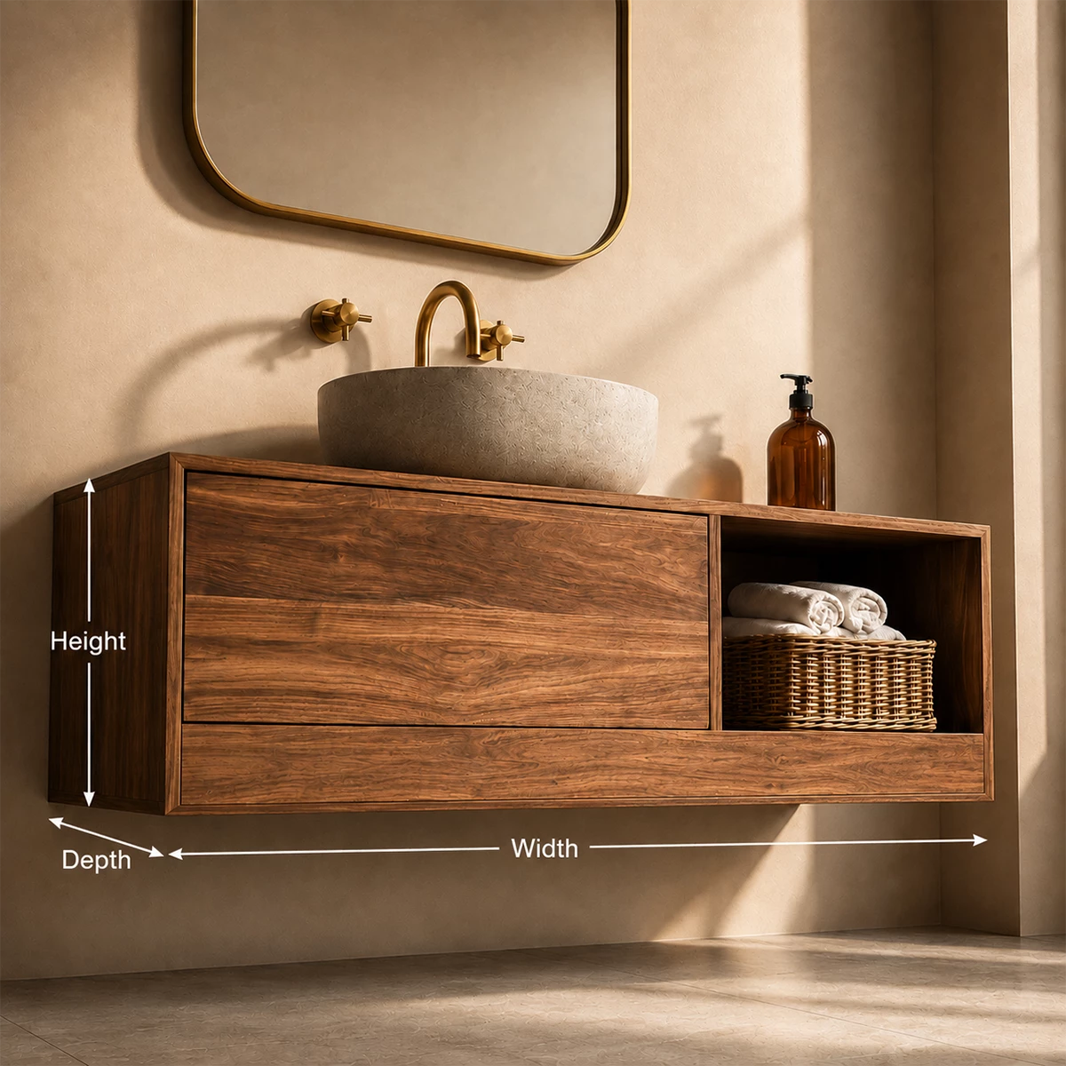 Natural Solid Wood Floating Bathroom Vanity with Concealed Storage and Open Shelf