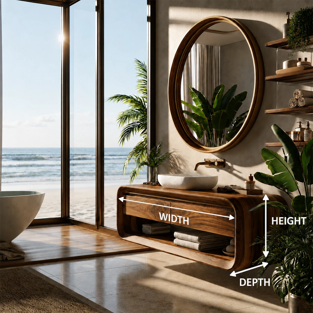 Organic Floating Bathroom Vanity With Rounded Wood Frame & Open Storage